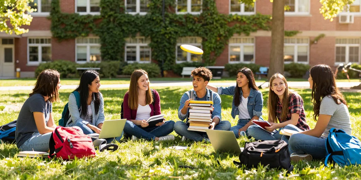 Students enjoying a sunny campus day with a crush on each other, surrounded by textbooks and laughter.