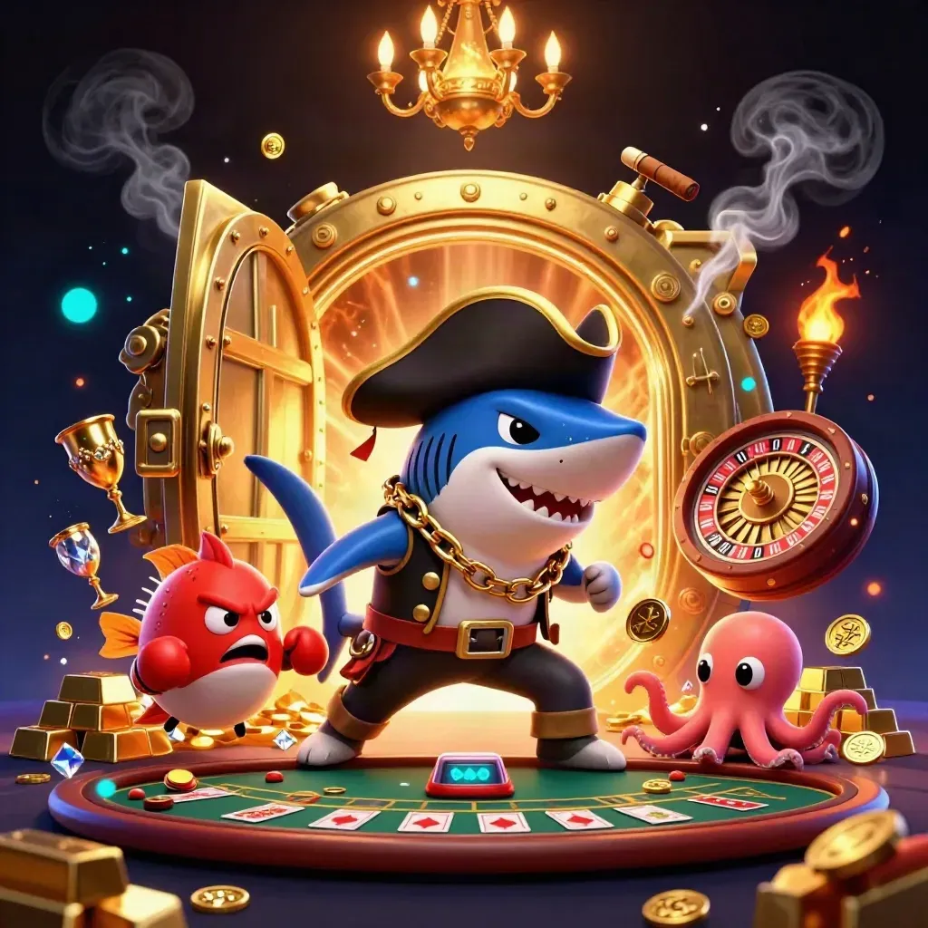 Cartoon shark pirate, pufferfish boxer, and coin-juggling octopus in a luxe blackjack vault scene.