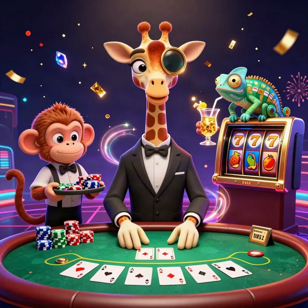 Giraffe, monkey, and chameleon in a neon casino tableau with cards, chips, fireworks, and sparkles.