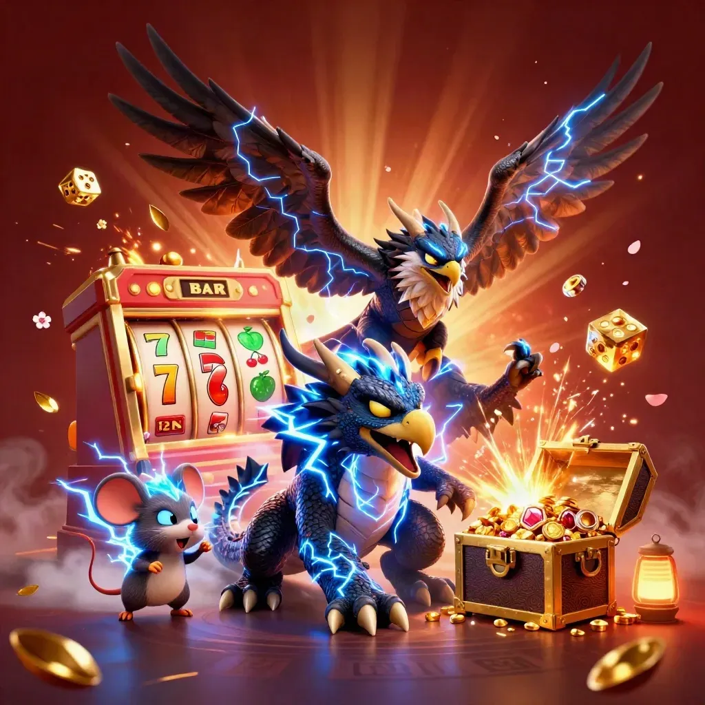 Thunder dragon, wind hawk, and static mouse amid jackpot burst and gold coins.