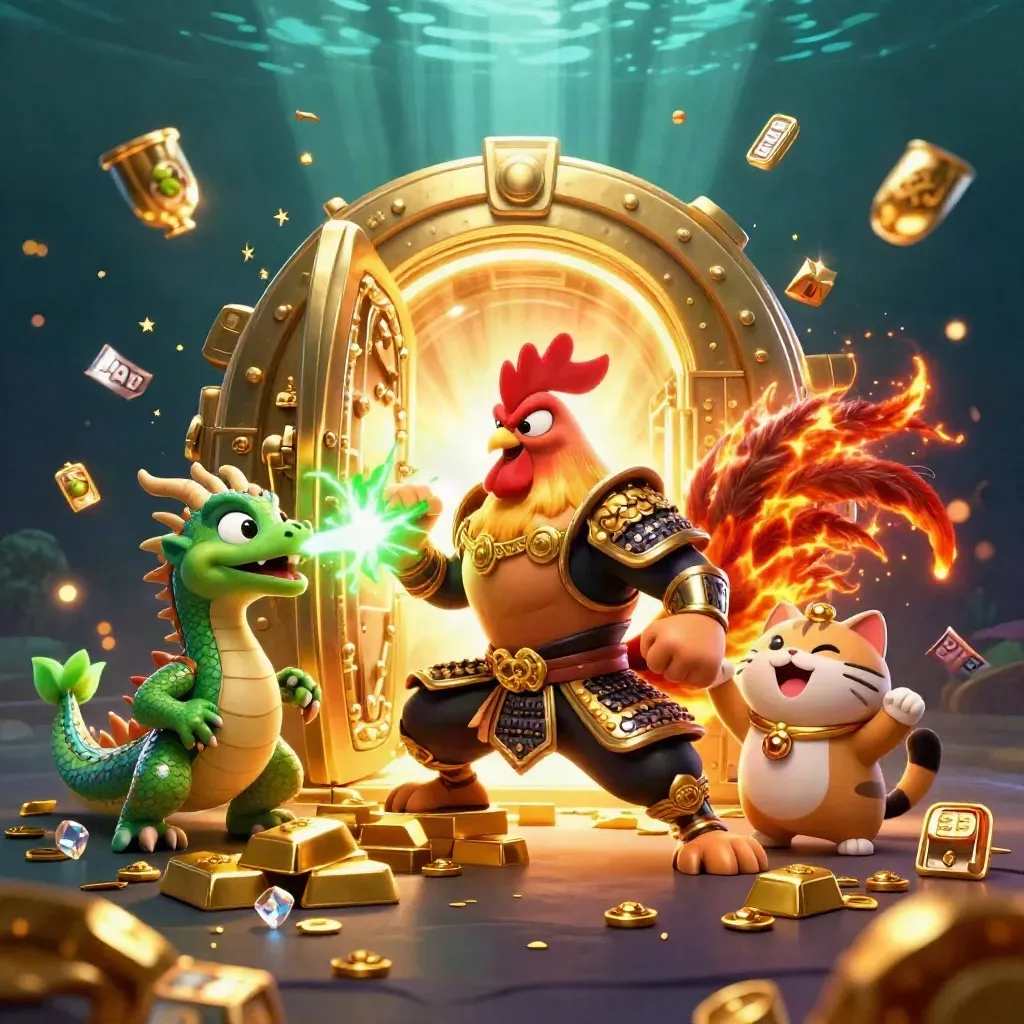 Rooster warrior, dragon hatchling, and fortune cat erupt around a glowing gold vault underwater.