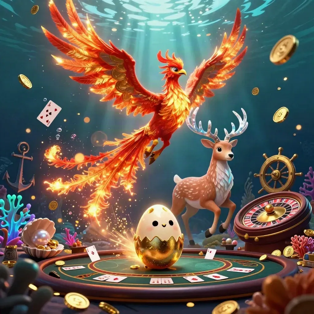 Phoenix, hatching chick, and crystal-antlered stag in a coin-filled underwater treasure cove