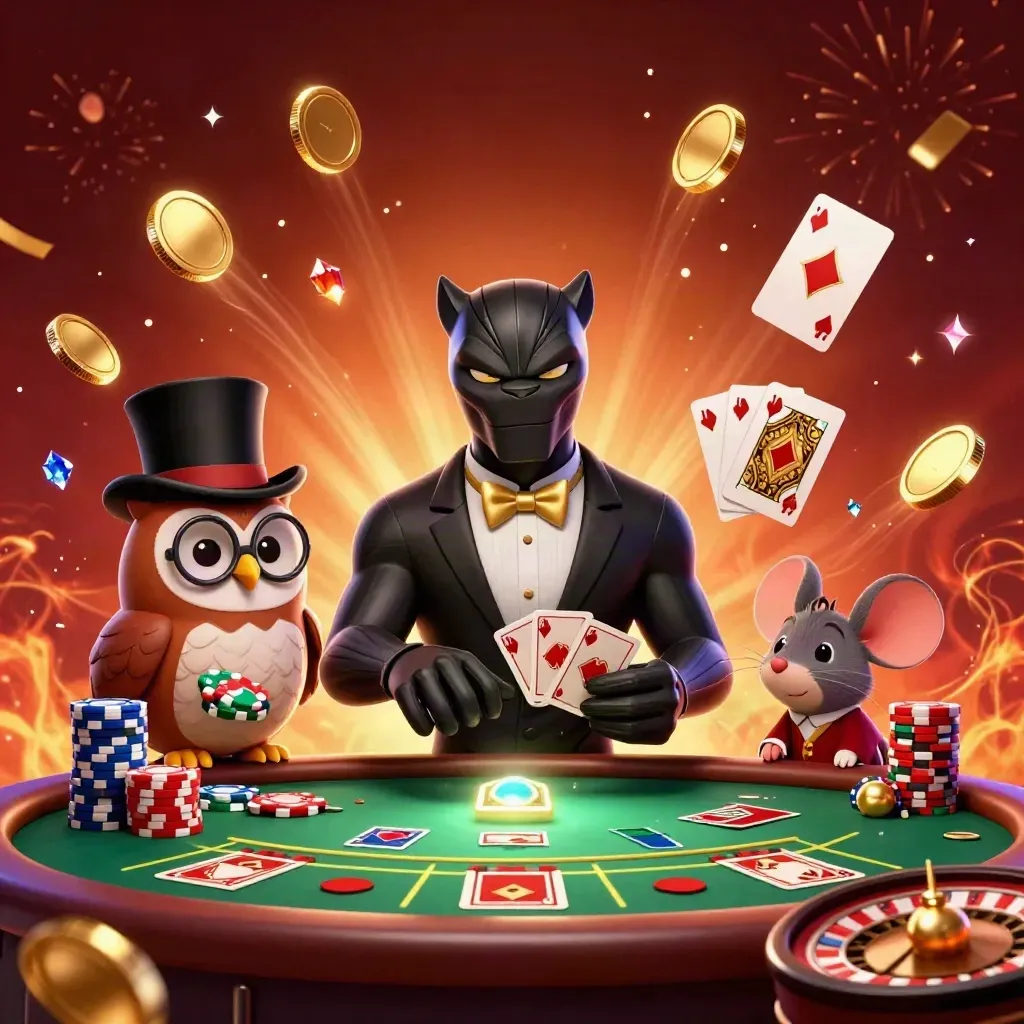 Panther, owl, and mouse celebrate amid coins, chips, fireworks, and a spinning roulette wheel.