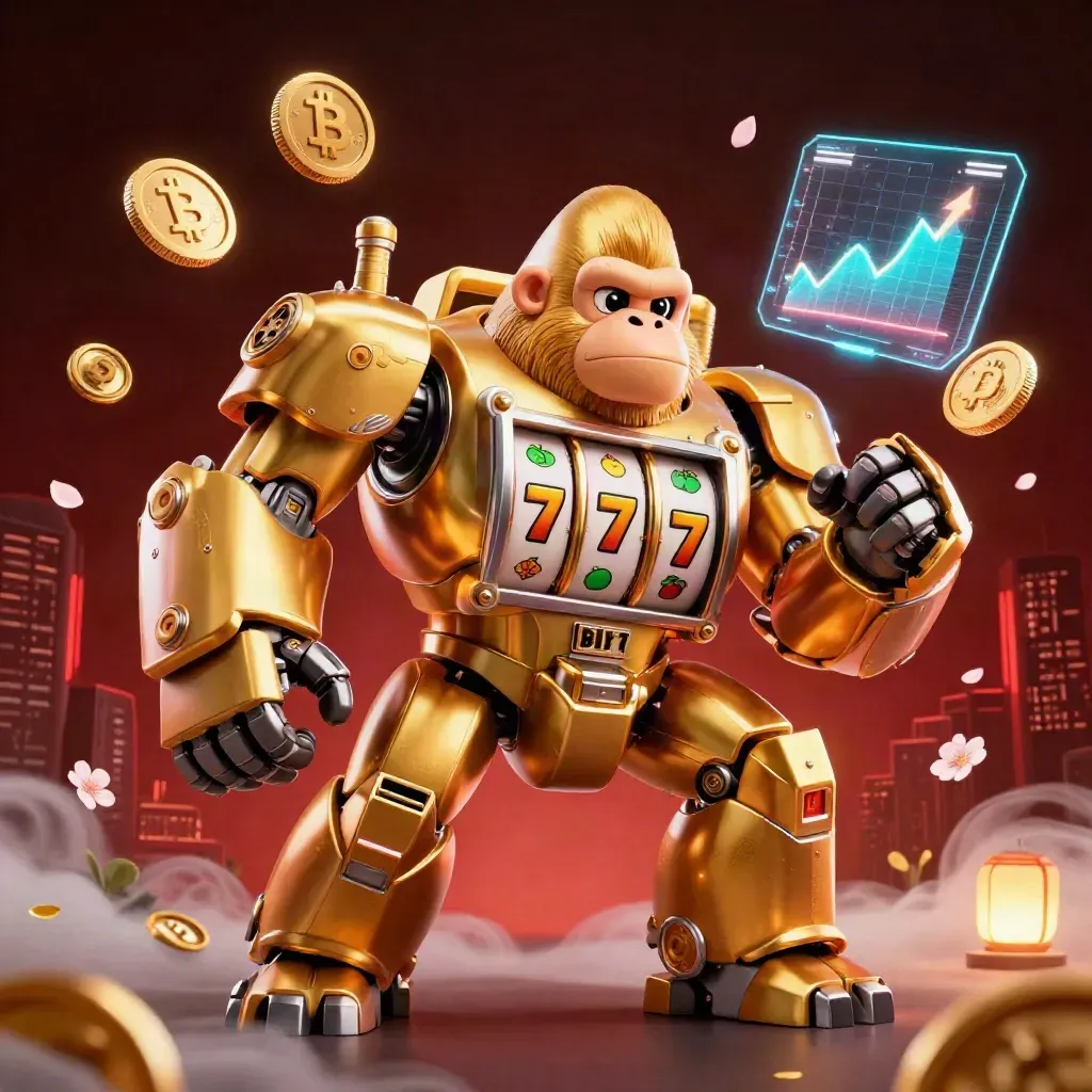 Golden gorilla slot mech with monkey pilot, coins, lightning, and casino effects