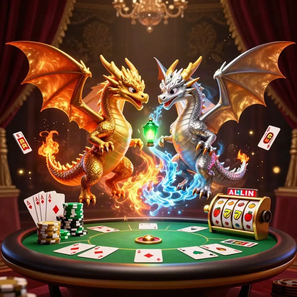 Twin gold and silver dragons spiral with casino icons and glowing chips in a luxe dark casino scene.
